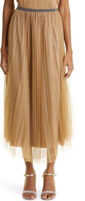 Beaded Waist Pleated Tulle Maxi Skirt