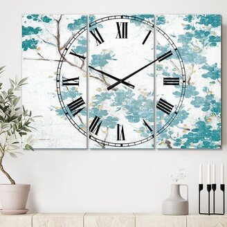 Designart 'Teal Cherry Blossoms II' Cottage 3 Panels Oversized Wall CLock - 36 in. wide x 28 in. high - 3 panels