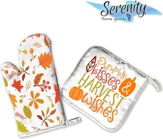 Pumpkin Kisses & Harvest Wishes | Decorative Kitchen Hot Plate Pot Holder Oven Mitt Set Fall Autumn Orange Leaves