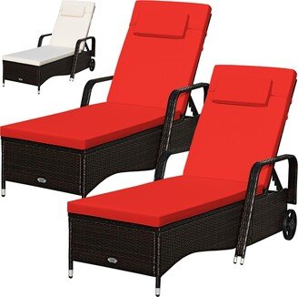 Patio Rattan Lounge Chair Recliner Adjust Cushion Red & Beige Cover