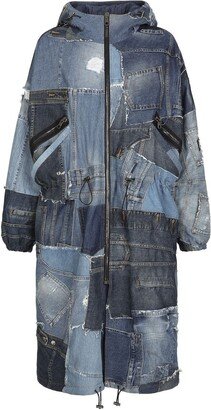 Denim Patchwork Zipped Coat