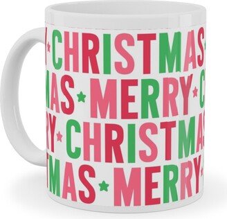 Mugs: Merry Christmas Uppercase - Green, Pink, Red Ceramic Mug, White, 11Oz, Multicolor