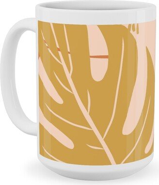 Mugs: Paradiso - Tropical Palm Fronds - Golden Blush Ceramic Mug, White, 15Oz, Pink