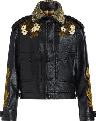 Embroidered Faux-Leather Shirt Jacket