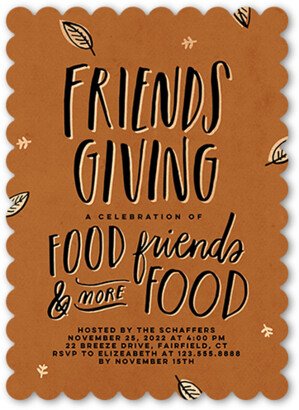 Thanksgiving Invitations: Friends Giving Fall Invitation, Brown, 5X7, Pearl Shimmer Cardstock, Scallop