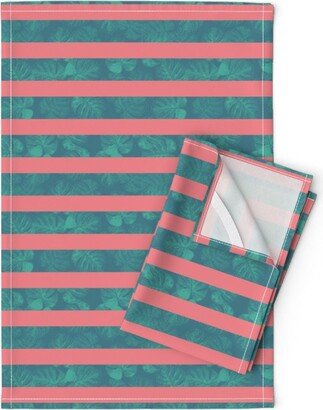 Nautical Tea Towels | Set Of 2 - Monstera Leaf Stripes By Sandra Hutter Designs Pink Blue Leaves Linen Cotton Spoonflower