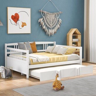 EDWINRAY Full Wooden Daybed with Twin Trundle & Wood Slat Support for Bedroom, Guest Room, Space Saving Design/No Box Spring Needed,White
