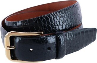 Men's Leather Mock Crocodile Print Belt with Gold Buckle