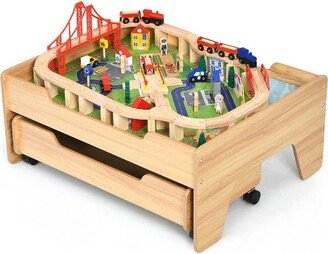 Wooden Kids Train Track Railway Set Table w/100 Pieces Storage Drawer