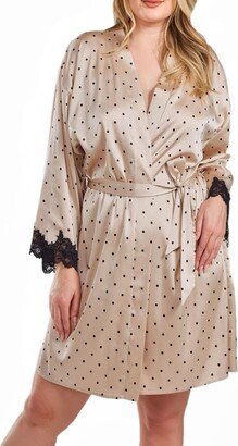 Kareen Plus Size Dotted Satin Robe with Lace Trimmed Sleeves and Self Tie Sash