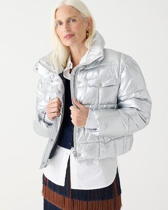 Cropped puffer jacket in metallic silver with PrimaLoft®