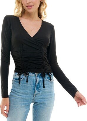 Juniors' Ruched Ribbed Drawstring Top