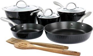 Logan 10 Piece Aluminum Nonstick Cookware Set in Black with Wood Utensils