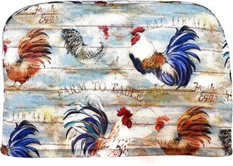 2 Slice Slot - Roosters Chickens Farm Eggs Barnyard Country Blue Reversible Toaster Kitchen Appliance Dust Cover Cozy Made in America Usa