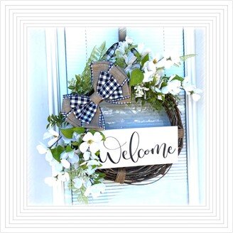 Welcome Buffalo Plaid Dogwood Wreath, Wreath For Your Front Door, 20