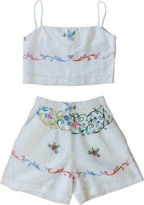 Sugar Cream Vintage Upcycle Vintage Hand-Embroidered Floral Spaghetti Crop Top & Shorts Set