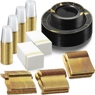 Chateau Fine Tableware 252-Piece Black and Gold Plates, Napkins, Party Supplies, Dinnerware for Adults (36 sets)