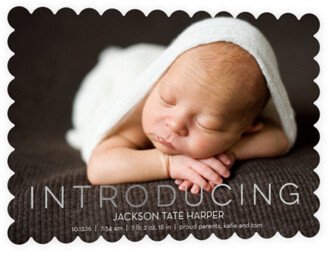 Birth Announcements: Exquisite Introduction Birth Announcement, Silver Foil, Pearl Shimmer Cardstock, Scallop