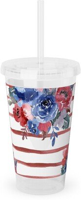 Travel Mugs: Freedom Florals With Red Stripes - Multi Acrylic Tumbler With Straw, 16Oz, Red