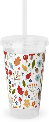 Travel Mugs: Woodland Floral - Multi Acrylic Tumbler With Straw, 16Oz, Multicolor