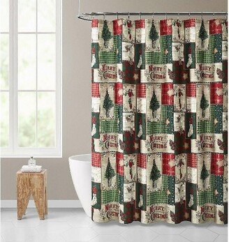 Kate Aurora Merry Christmas Evergreens & Ornamets Plaid Farmhouse Fabric Shower Curtain