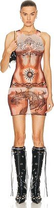 Printed Safe Sex Tattoo Short Sleeveless Dress in Nude