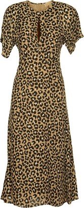 Leopard Printed Short-Sleeved Midi Dress