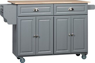 HOMCOM Rolling Kitchen Island on Wheels Utility Cart with Drop-Leaf and Rubber Wood Countertop, Storage Drawers, Door Cabinets, Dark Gray