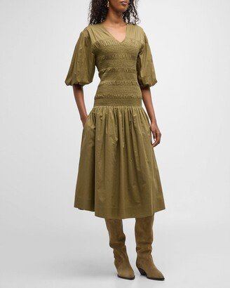 Martha Shirred Blouson-Sleeve Lawn Midi Dress