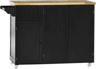 Homcom Rolling Kitchen Island on Wheels, Utility Serving Cart with Rubber Wood Top, Towel Rack, Storage Cabinets and Drawer, Black