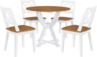 Mid-Century 5-Piece Round Dining Table Set with Trestle Legs and 4 Cross Back Dining Chairs