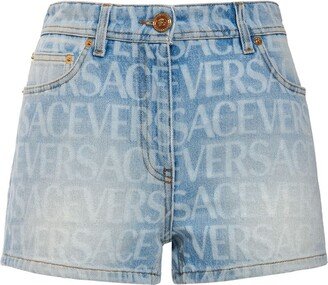 All over logo print cotton denim shorts