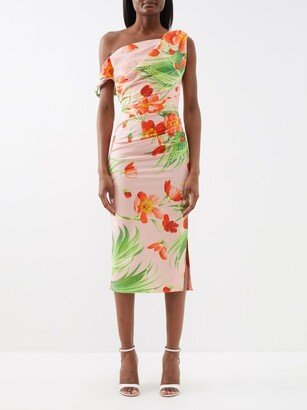 Off-the-shoulder Tropical-print Silk Midi Dress