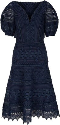 Embroidered Short Puff-Sleeves Dress