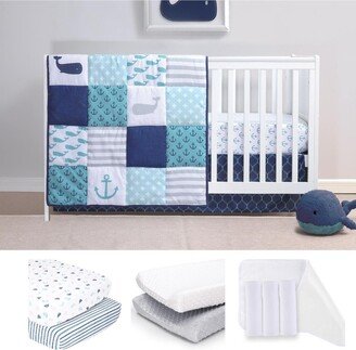 The Nautical 11 Piece Baby Nursery Crib Bedding Set, Quilt, Crib Sheets, Crib Skirt, Changing Pads and Changing Pad Liners - Navy/white/aq