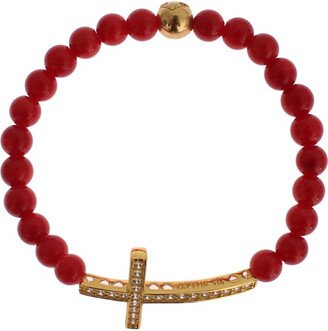 Nialaya Red Coral Gold CZ Cross 925 Silver Women's Bracelet