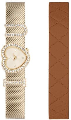 Women's Shiny Gold-Tone Bracelet Analog Watch 21mm with Interchangeable Leather Strap