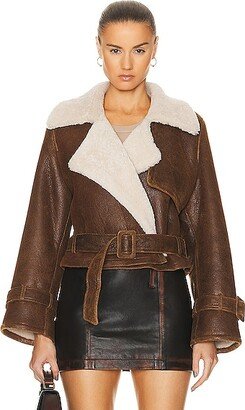 Hatti Shearling Double Breasted Crop Belt Jacket in Brown