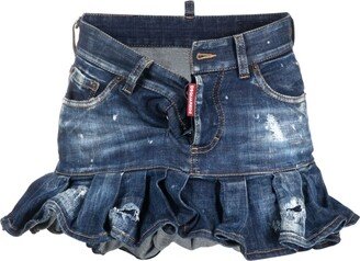 Distressed-Effect Pleated Denim Skirt