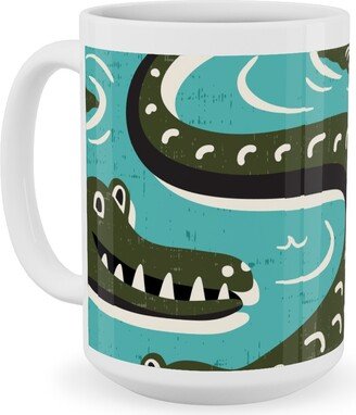 Mugs: Down In The Bayou - Alligator Aqua Ceramic Mug, White, 15Oz, Blue