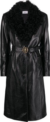 Shearling-Trim Belted Leather Coat