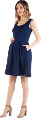 24seven Comfort Apparel Sleeveless Pleated Maternity Dress with Pockets-Navy-M