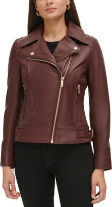 Women's Petite Quilted-Sleeve Leather Moto Coat, Created for Macy's