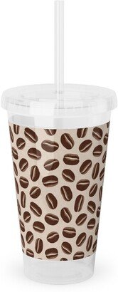 Travel Mugs: Coffee Beans - Coffee House - Beige Acrylic Tumbler With Straw, 16Oz, Brown