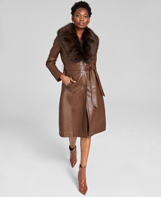 Women's Faux-Fur-Trim Faux-Leather Coat