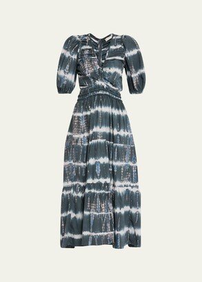 Nadia Tie-Dye Puff-Sleeve V-Neck Midi Dress