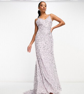 Beauut Petite Bridesmaid allover embellished cami slip maxi dress with train in muted lavender