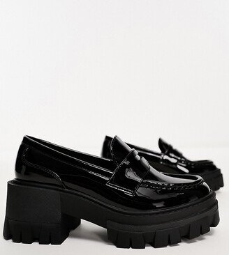 Wide Fit Script chunky mid heel loafers in black patent