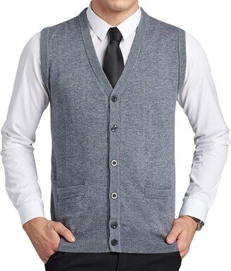 FULIER Mens Wool V-Neck Gilet Sleeveless Vest Waistcoat Classic Gentleman Knitwear Cardigans Knitted Sweater Tank Tops with Buttons (XL