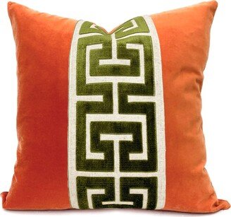 Orange Velvet Pillow Cover With Large Greek Key Trim - Select Trim Color